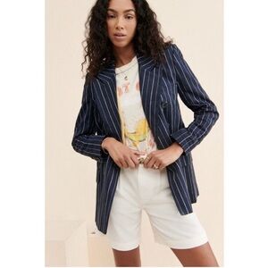 Free People Ashby Oversized Linen Navy Pinstripe Blazer - Size Small
